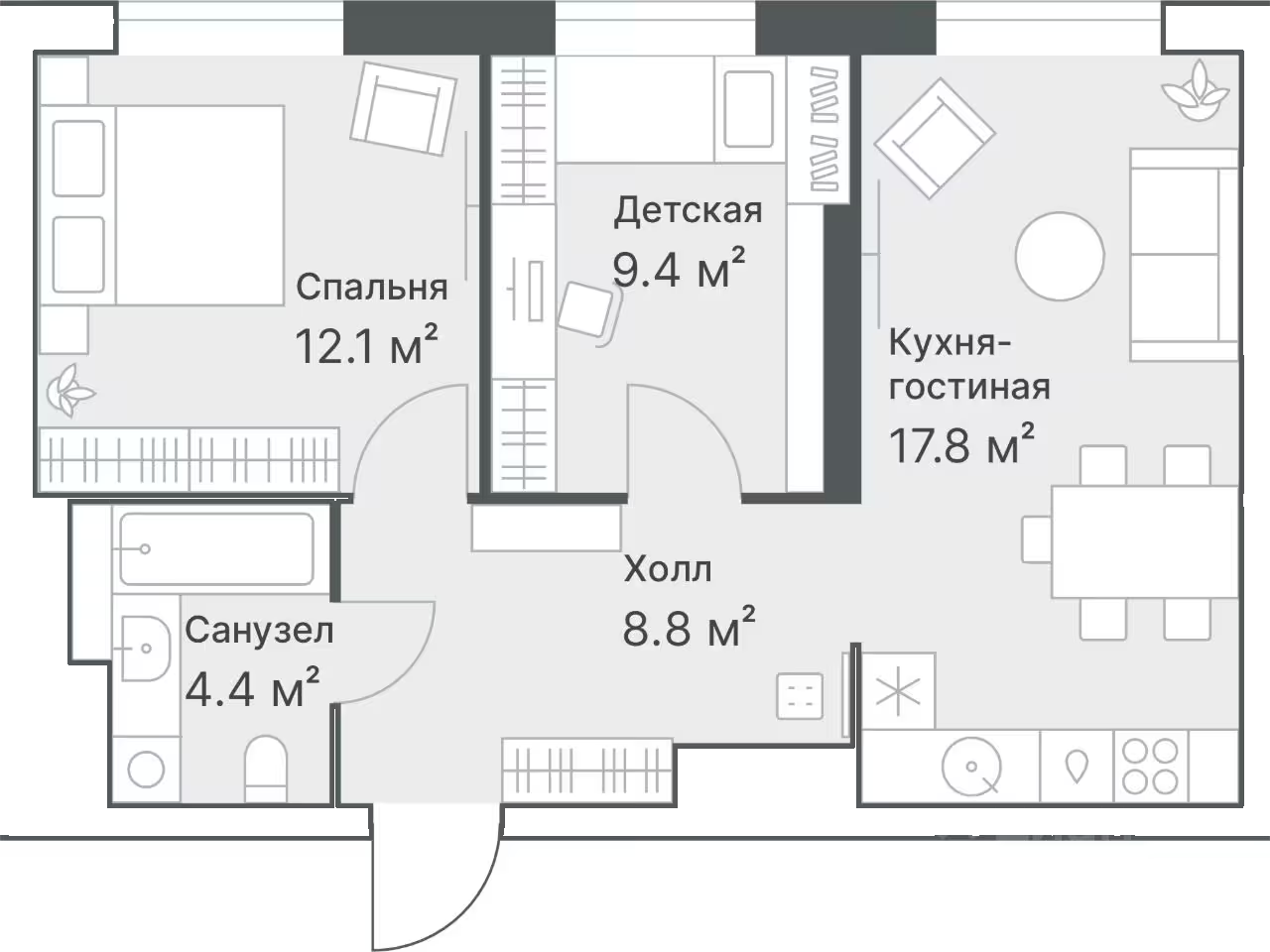 Планировка: Евротрешка 52.5 м² в ЖК Дружеский, Плеханово