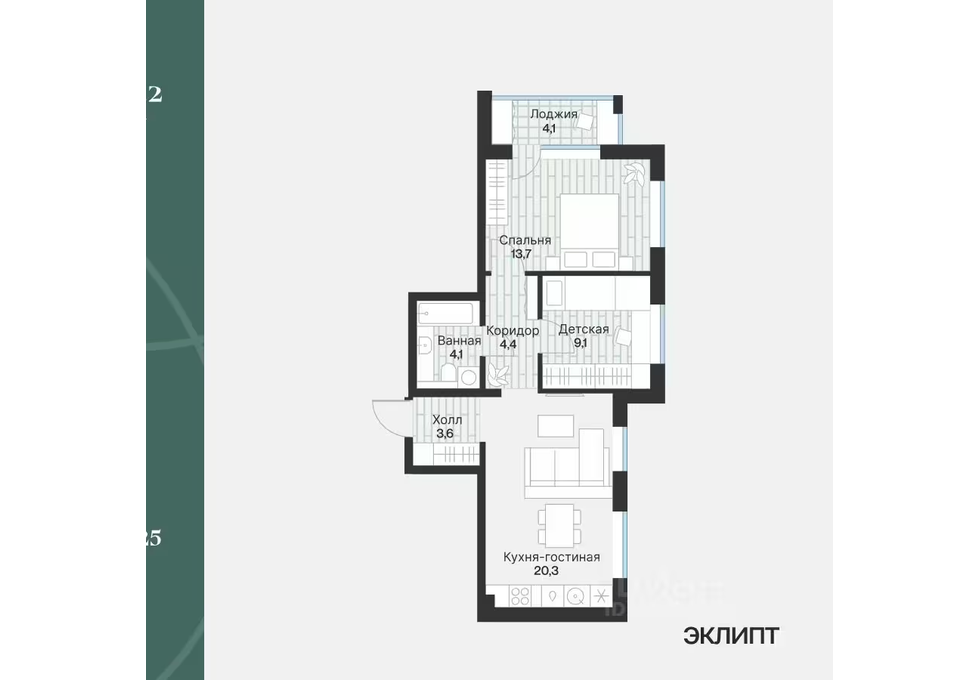 Планировка: Евротрешка 57.2 м² в ЖК Эклипт, Рощино