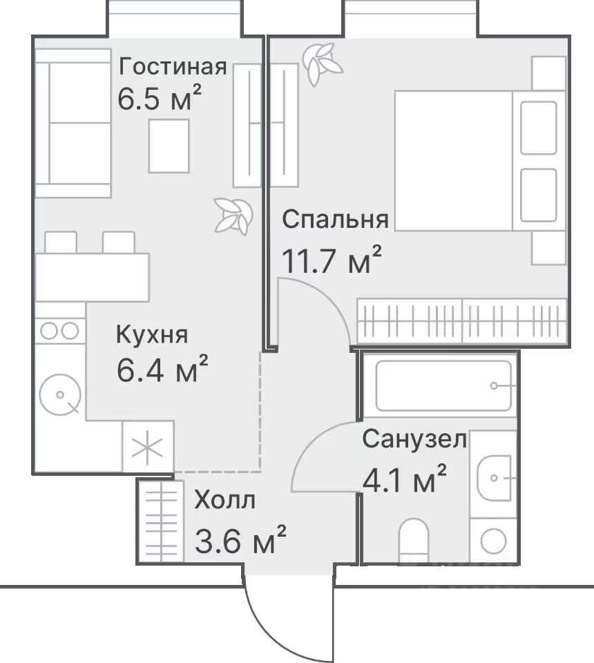 Планировка: 1-комнатная 32.2 м² в ЖК Дружеский, Плеханово