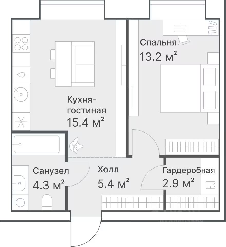 Планировка: Евродвушка 41.2 м² в ЖК Дружеский, Плеханово