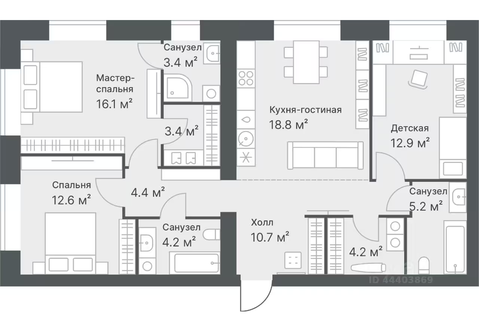 Планировка: 4-комнатная евро 95.9 м² в ЖК Дружеский, Плеханово