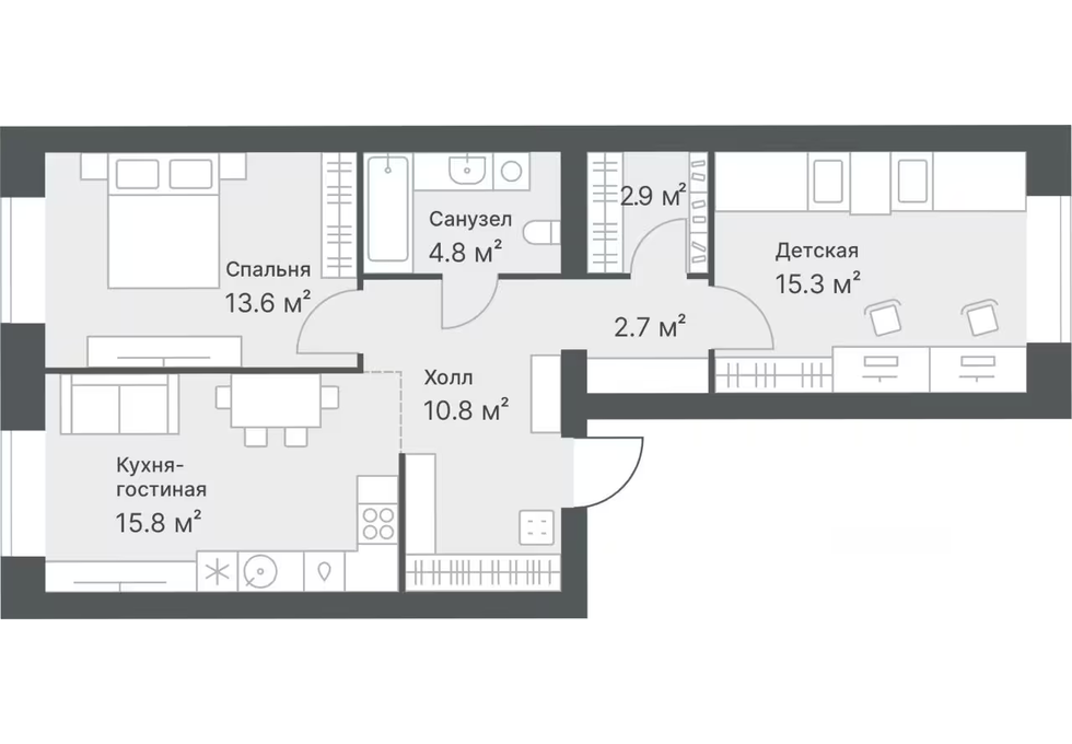 Планировка: Евротрешка 65.9 м² в ЖК Дружеский, Плеханово