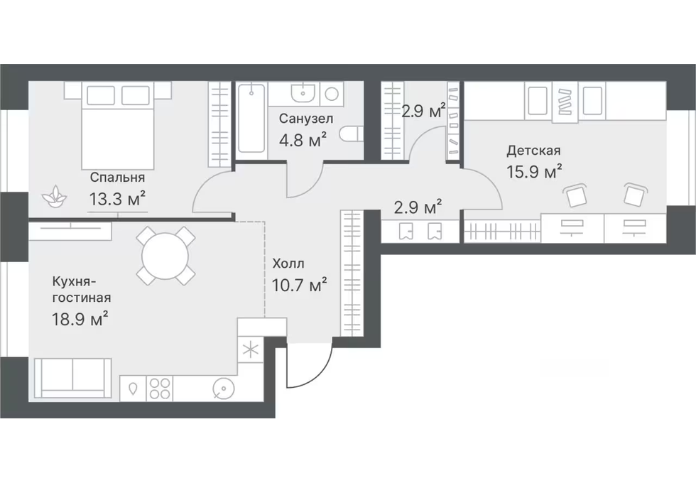 Планировка: Евротрешка 69.4 м² в ЖК Дружеский, Плеханово