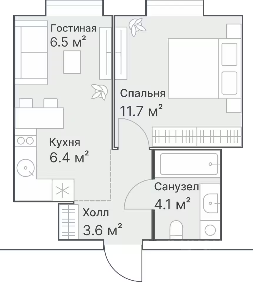 Планировка: 1-комнатная 32.2 м² в ЖК Дружеский, Плеханово