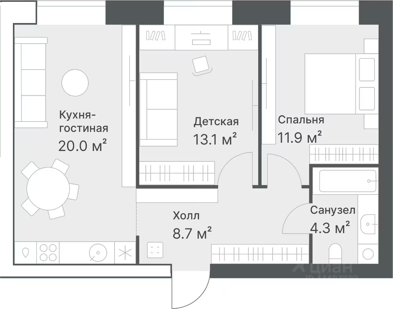 Планировка: Евротрешка 58 м² в ЖК Дружеский, Плеханово