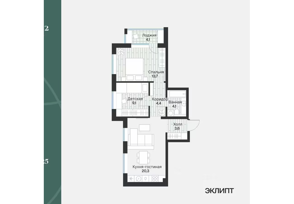 Планировка: Евротрешка 57.2 м² в ЖК Эклипт, Рощино
